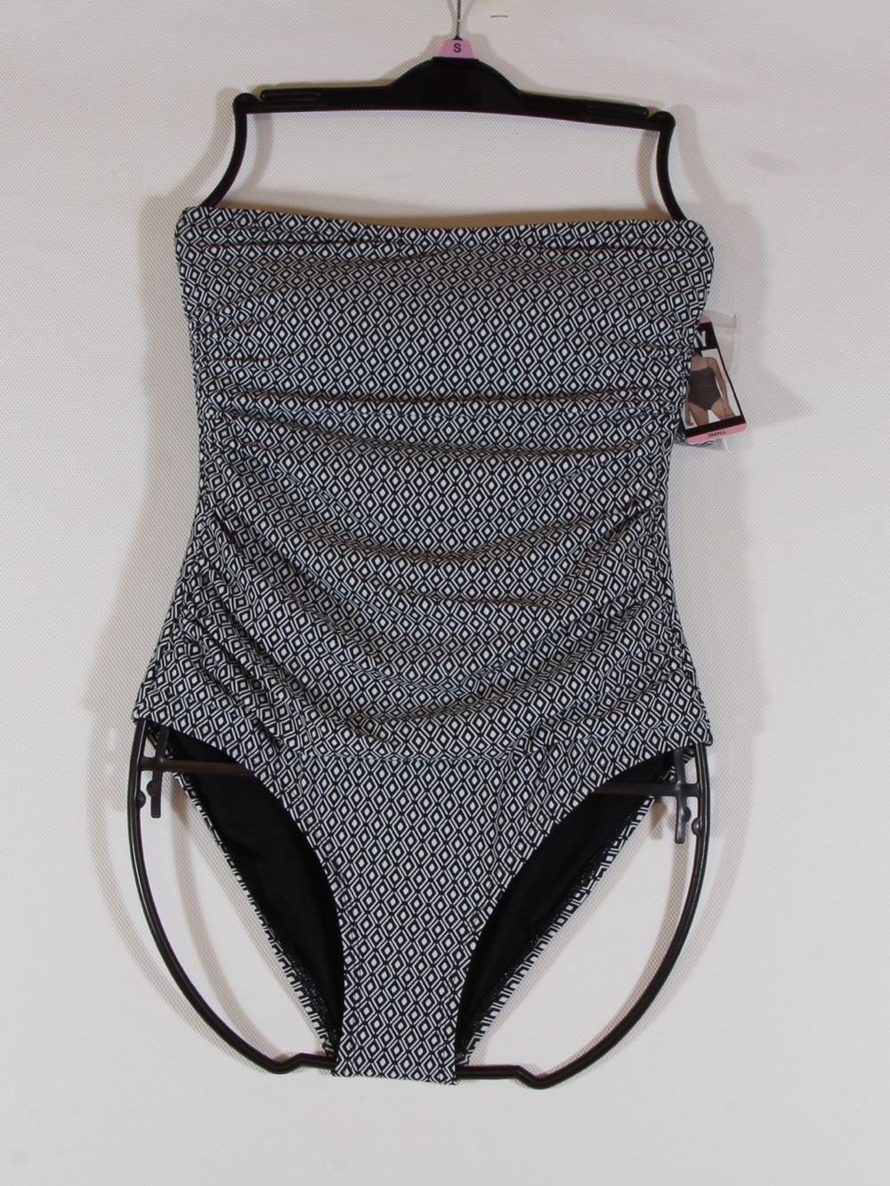 DKNY Women's B & W Geo One Piece Bandeau Maillot Swimsuit NWT